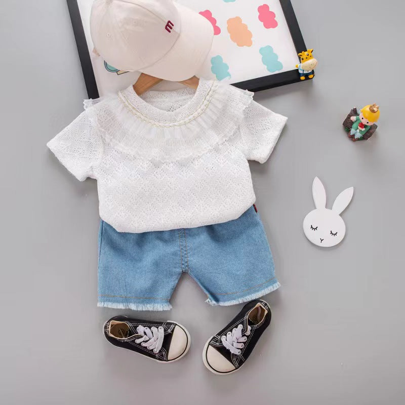 Eyelet Lace neckline Denim Set