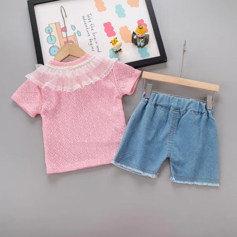 Eyelet Lace neckline Denim Set