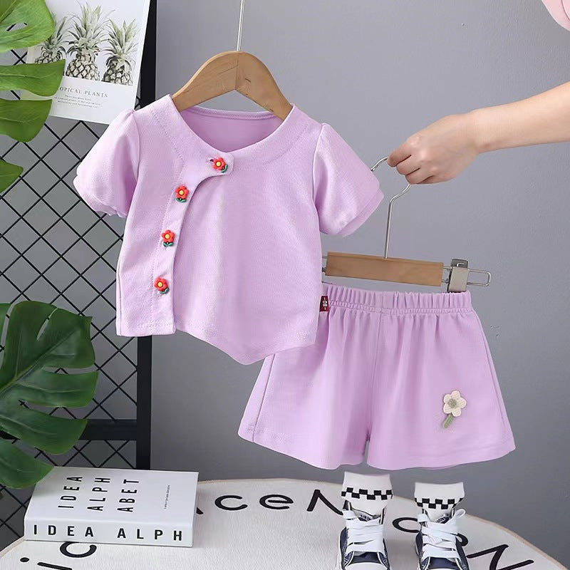 Flower Buttons Shorts Set