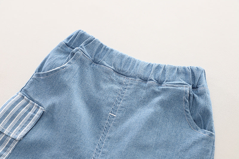 Stripped Denim Shorts Set