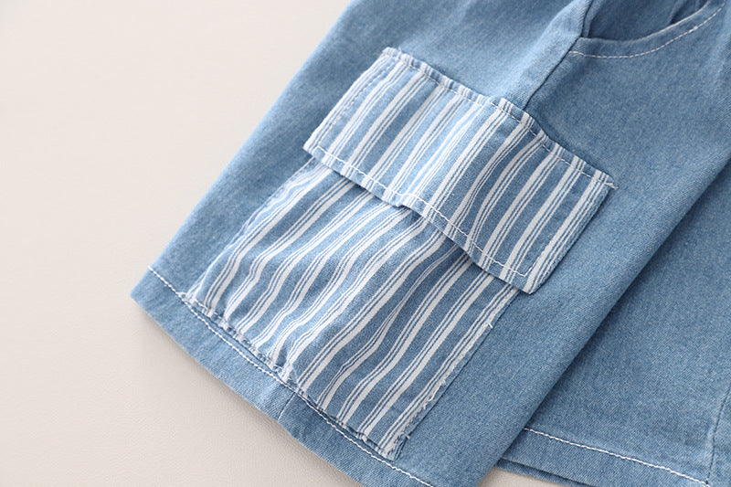 Stripped Denim Shorts Set