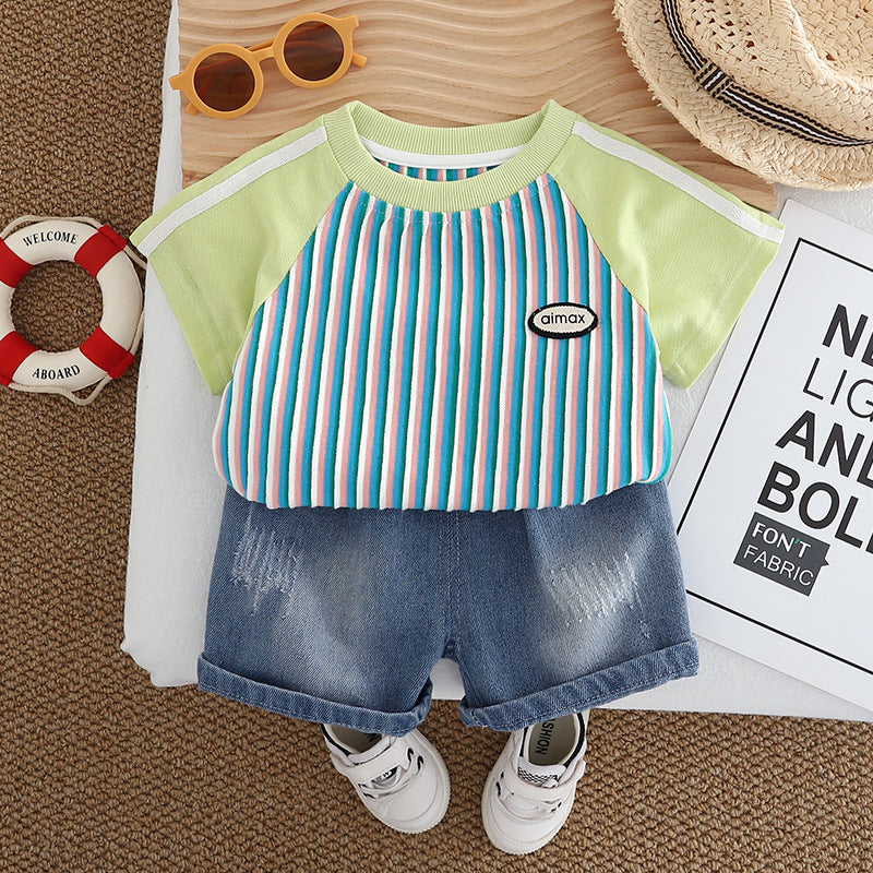 Stripped Denim Shorts Set