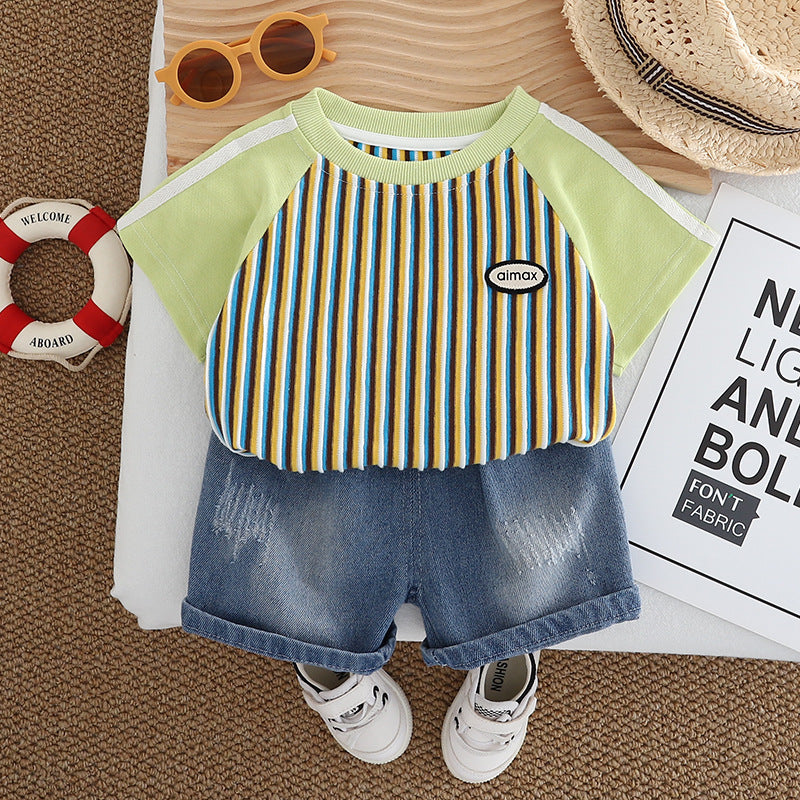Stripped Denim Shorts Set