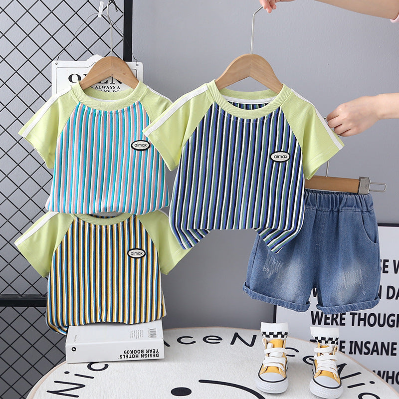 Stripped Denim Shorts Set