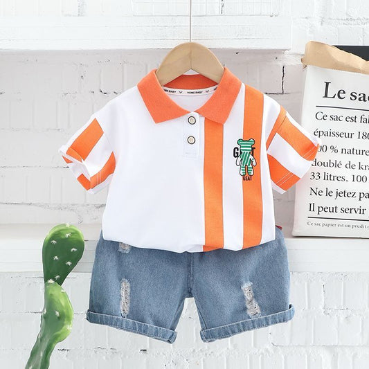 Orange Rugged Denim Shorts Set