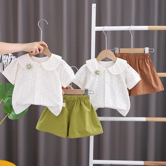 White Eyelet top with Wide shorts set