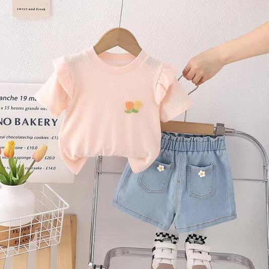 Embroidered flower Top and Denim set