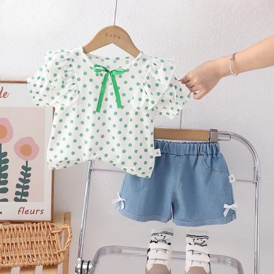 Polka Dot Denim Shorts Set