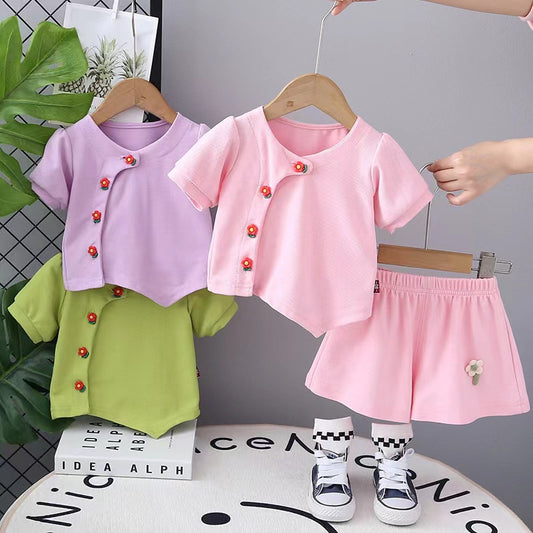 Flower Buttons Shorts Set