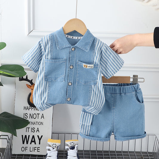 Stripped Denim Shorts Set