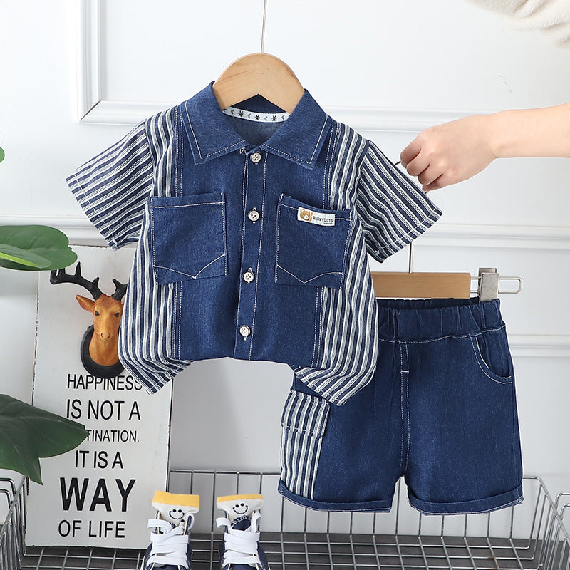Stripped Denim Shorts Set