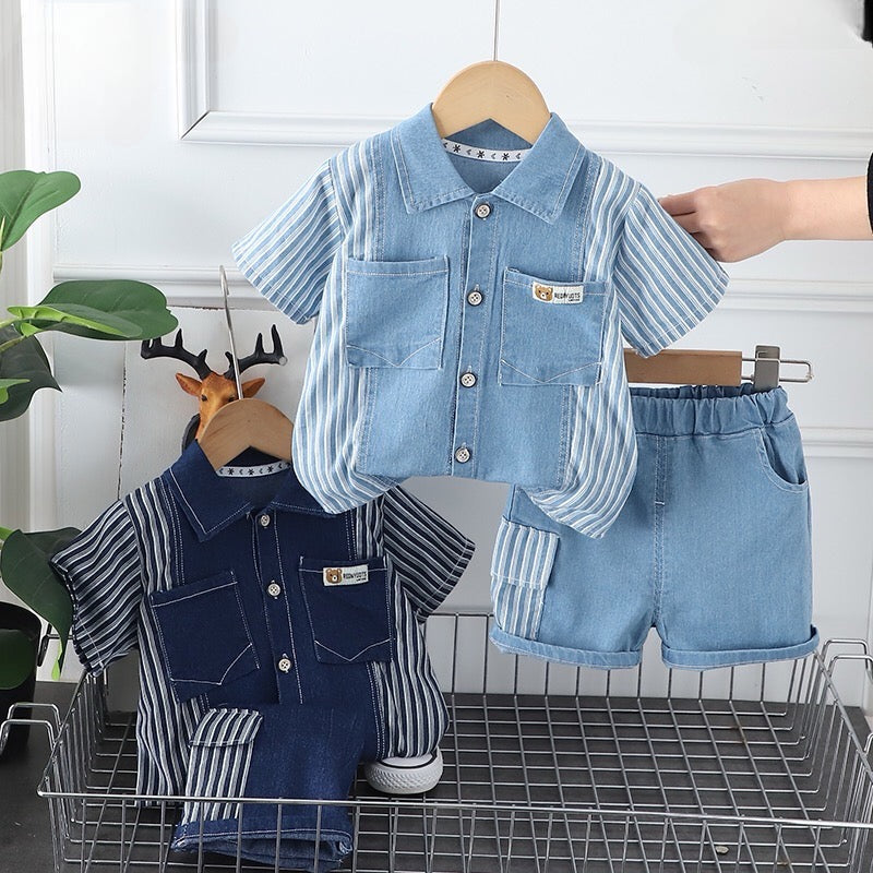 Stripped Denim Shorts Set