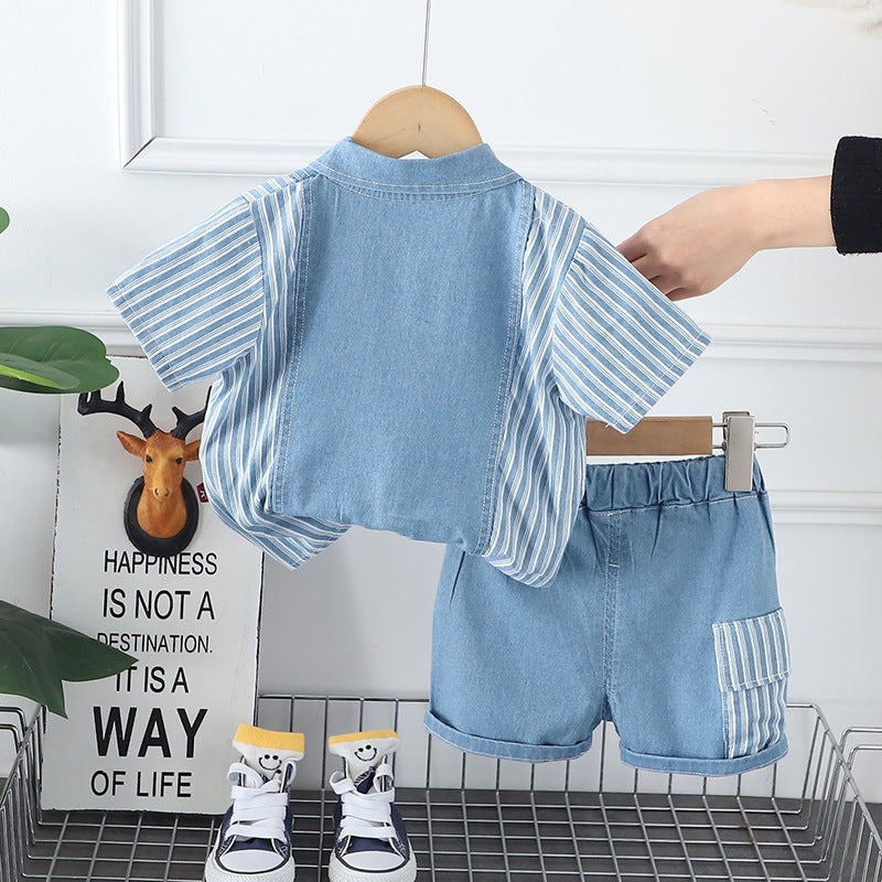 Stripped Denim Shorts Set