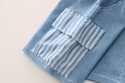 Stripped Denim Shorts Set