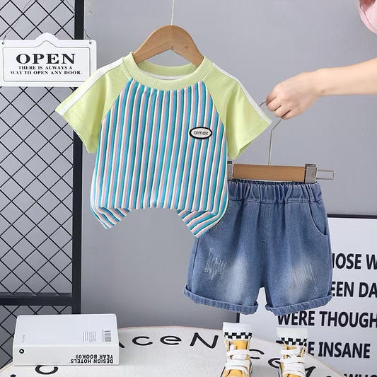 Stripped Denim Shorts Set